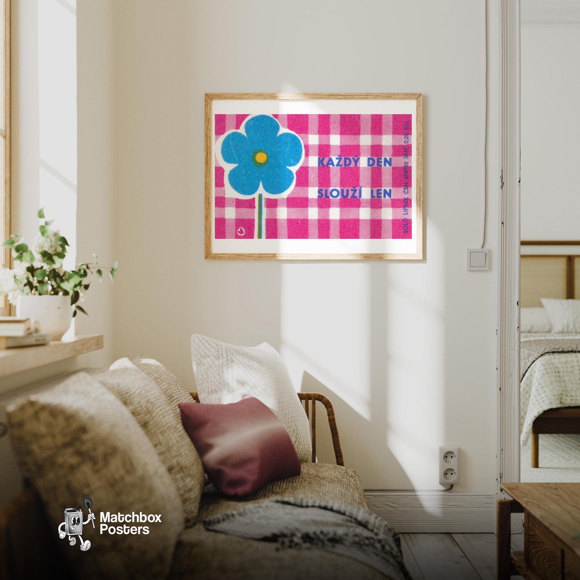 Blue Flower Table Cloth - vintage matchbox label print - living room mockup