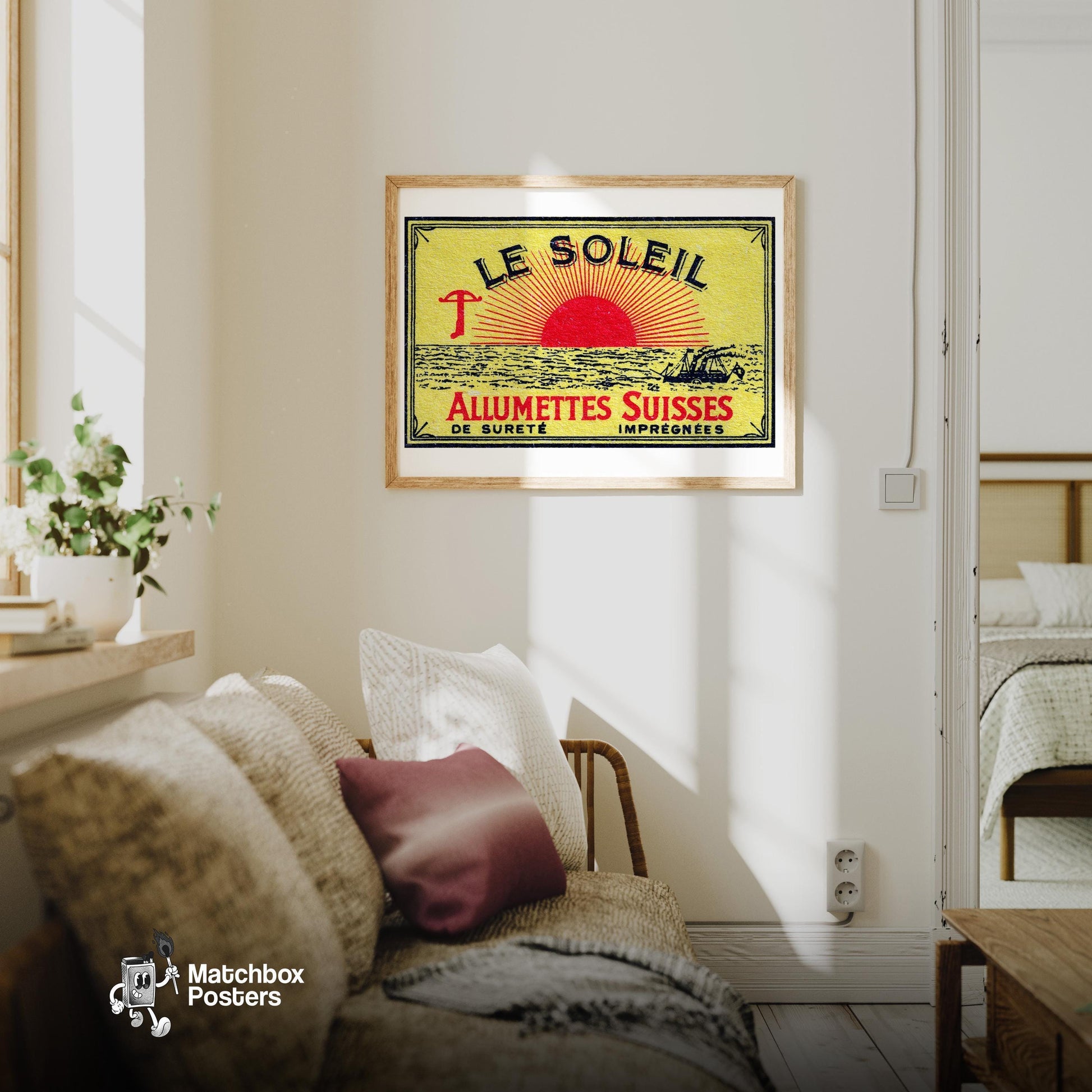 Sunrise - vintage matchbox label print - living room mockup