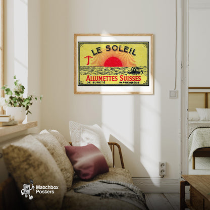 Sunrise - vintage matchbox label print - living room mockup