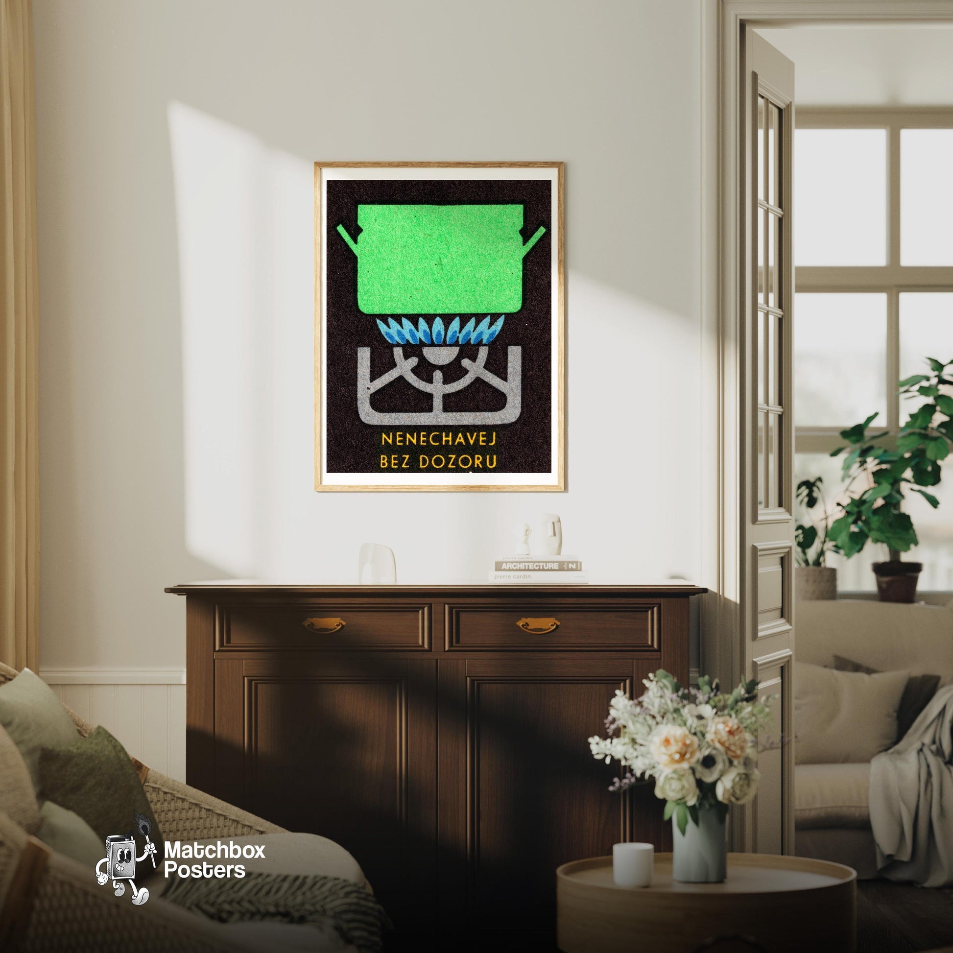 Green Pot on Gas Stove - vintage matchbox label print - living room mockup
