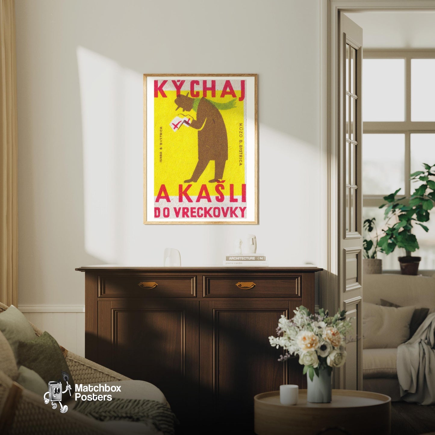 Silhouette Of A Person - vintage matchbox label print - living room mockup