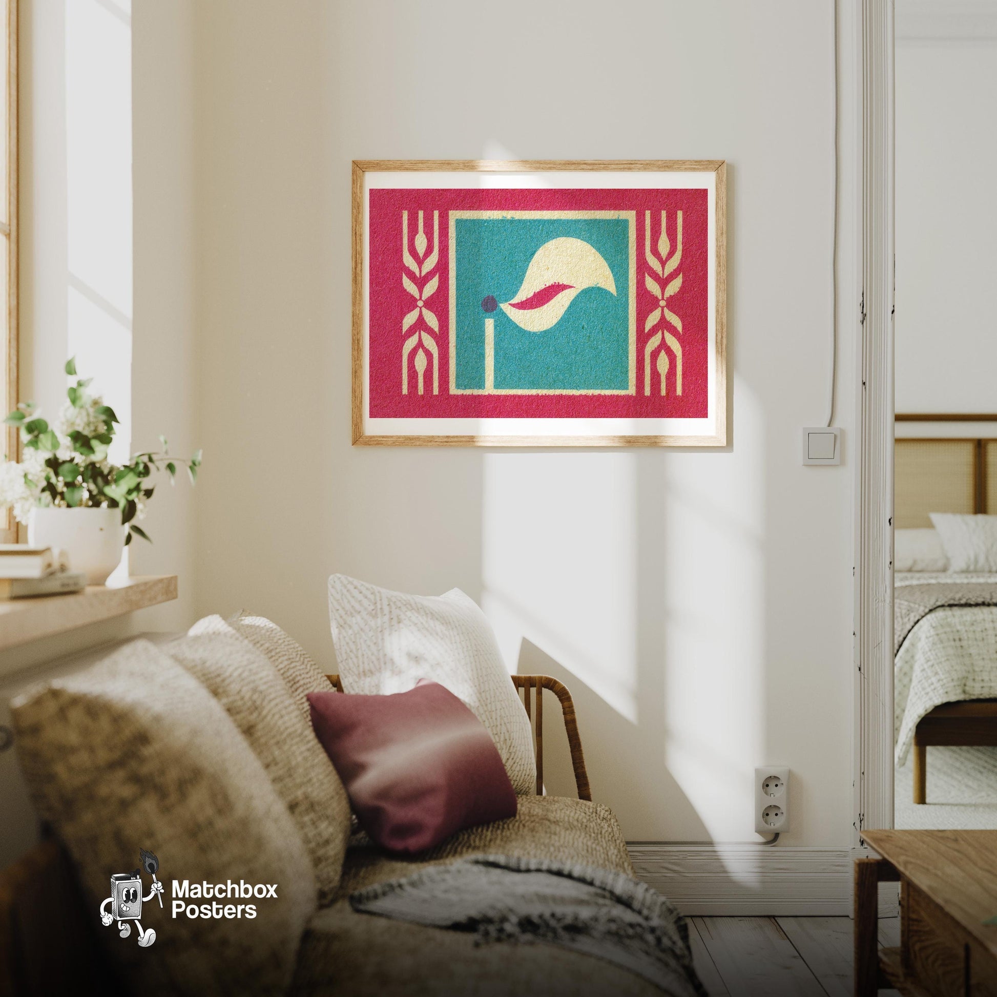 Abstract Flame - vintage matchbox label print - living room mockup