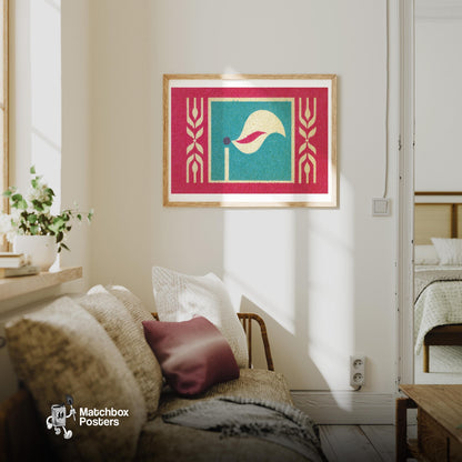 Abstract Flame - vintage matchbox label print - living room mockup