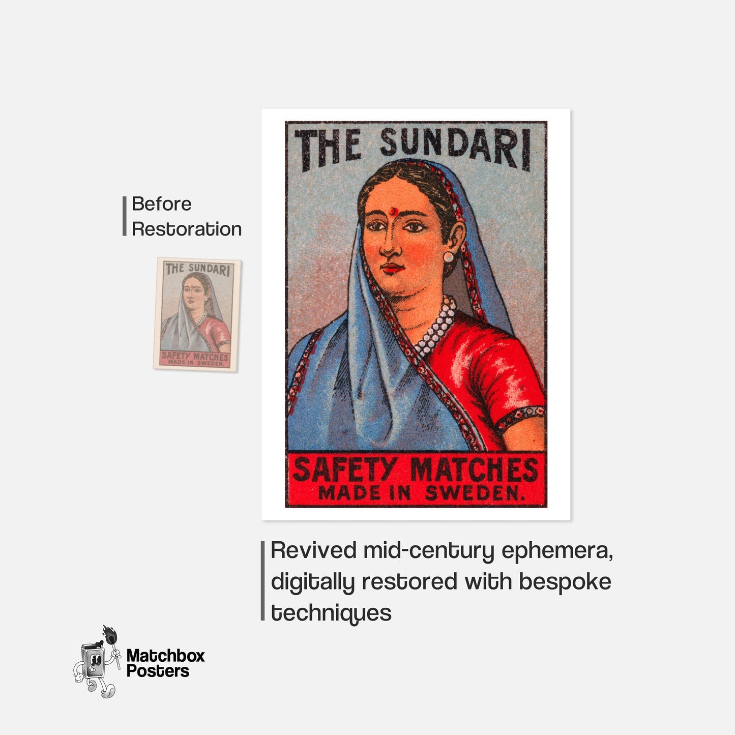Sundari Woman - vintage matchbox label print - framed wall art preview