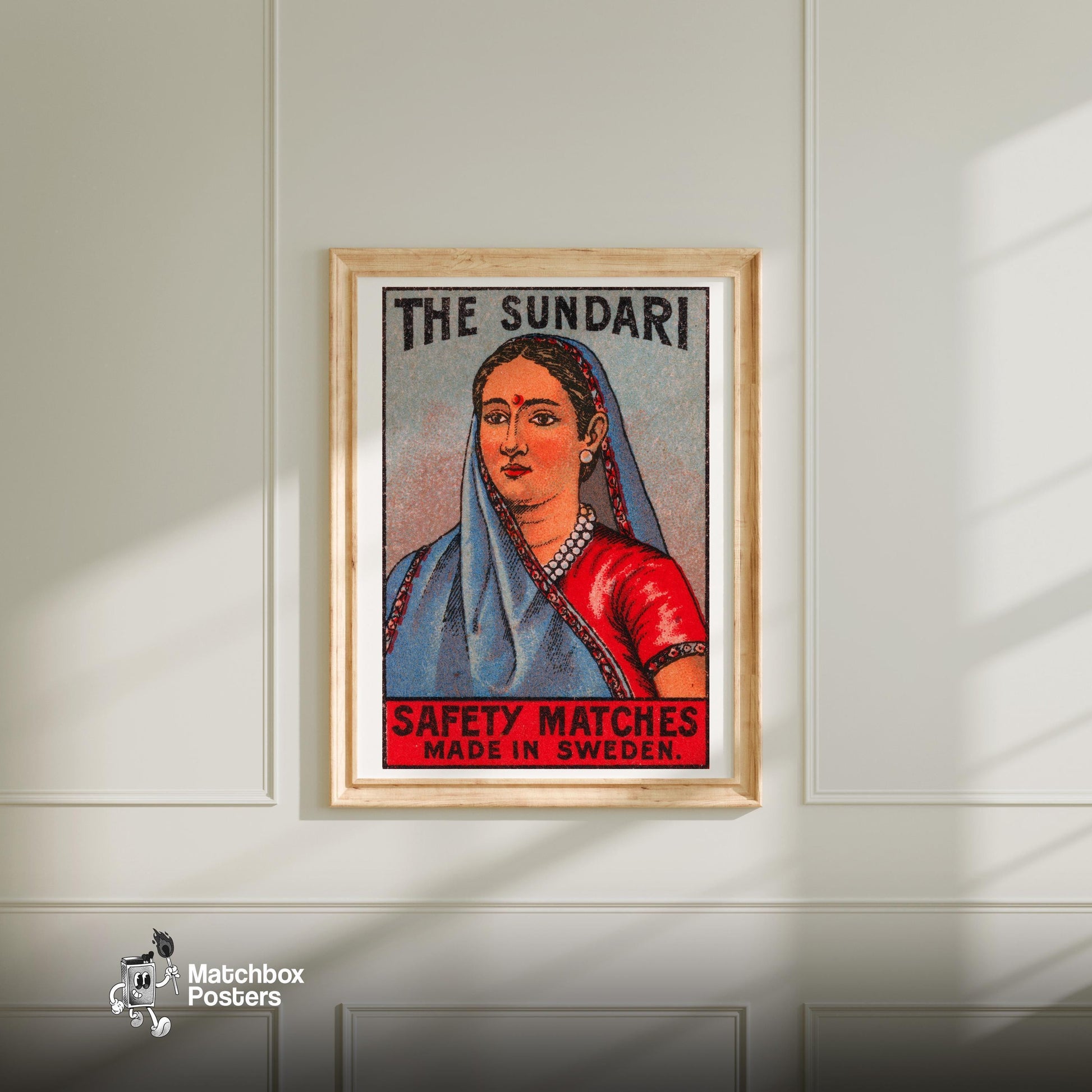 Sundari Woman - vintage matchbox label print - bedroom mockup