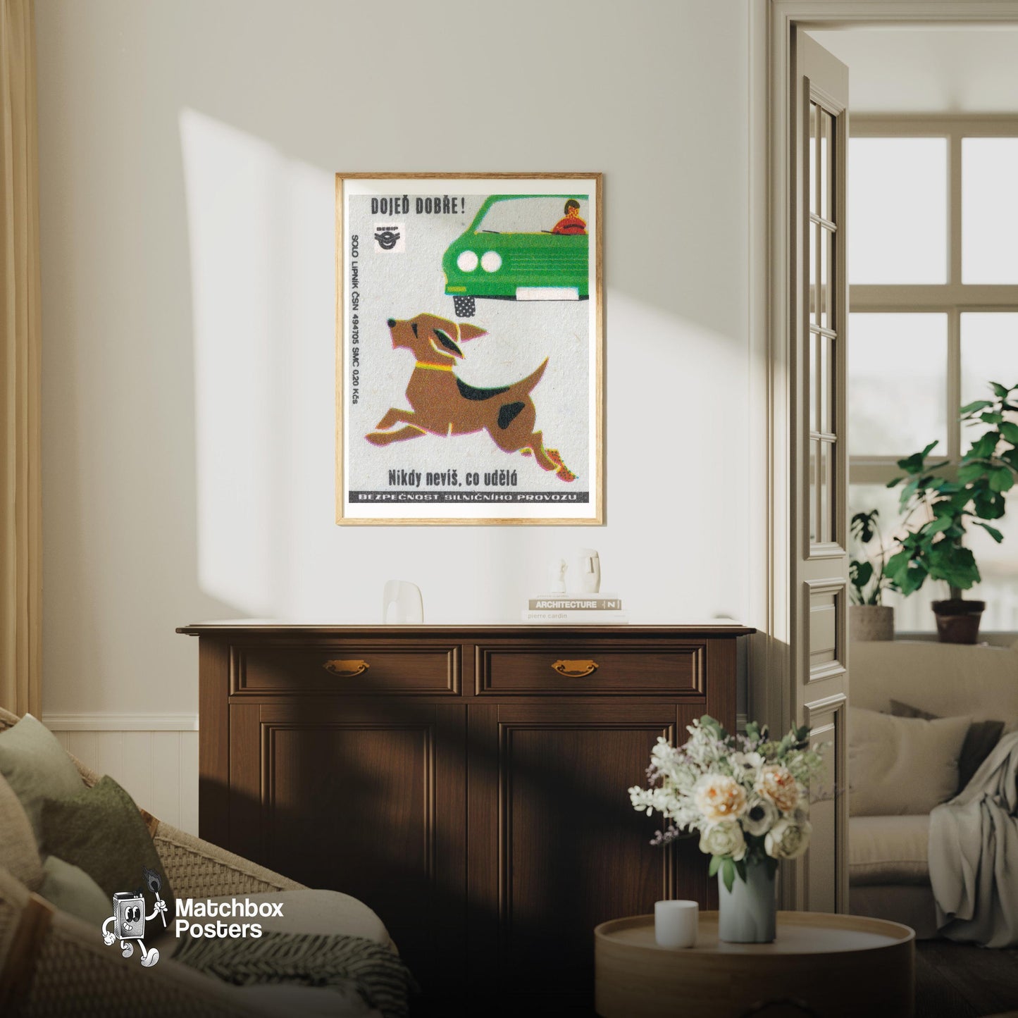 Dog Running Across Road - vintage matchbox label print - living room mockup
