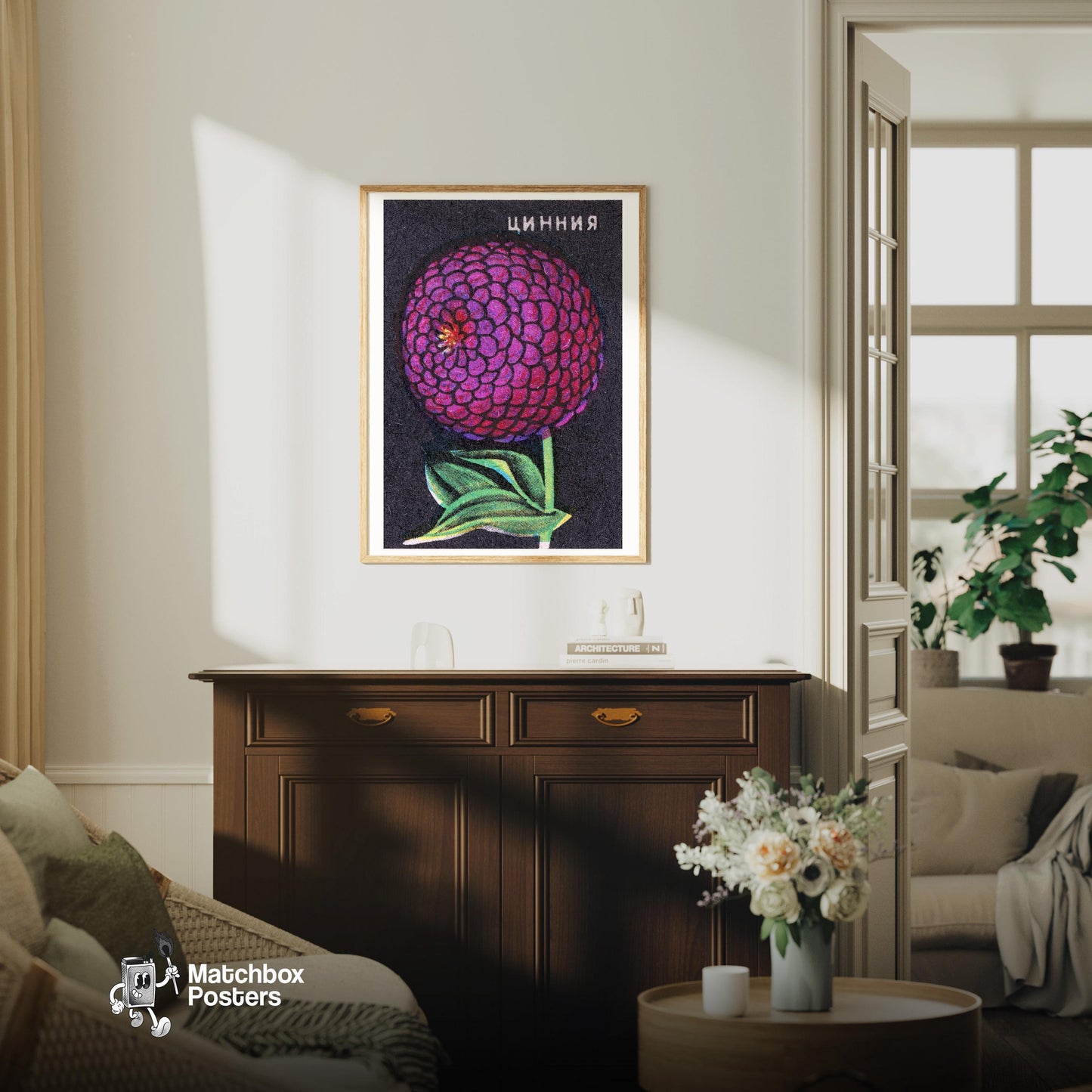 Purple Zinnia Flower - vintage matchbox label print - living room mockup