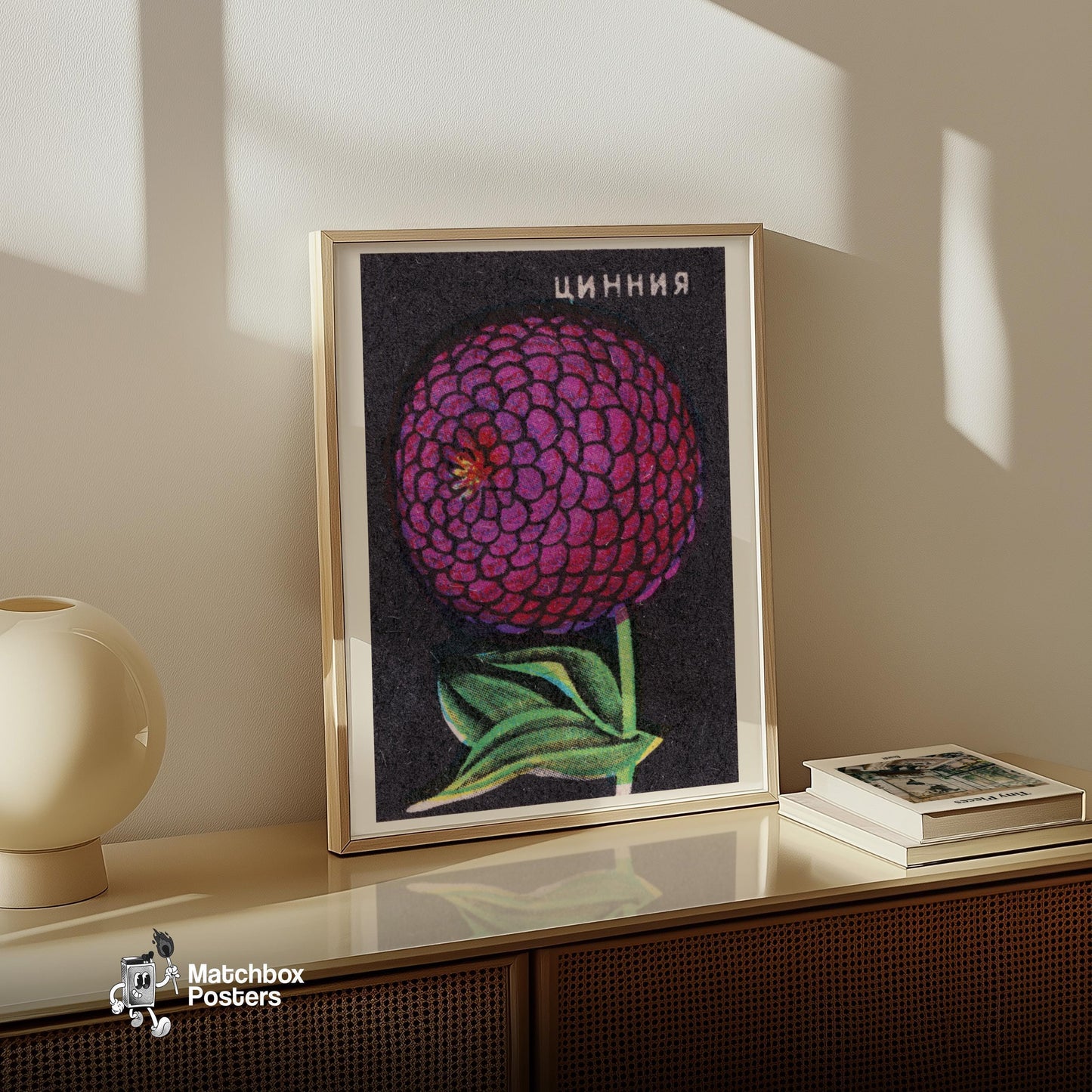 Purple Zinnia Flower - vintage matchbox label print - size comparison