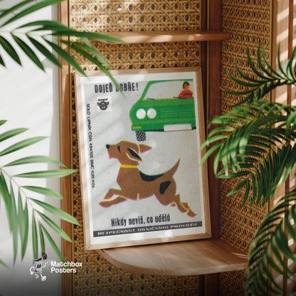 Dog Running Across Road - vintage matchbox label print - office wall