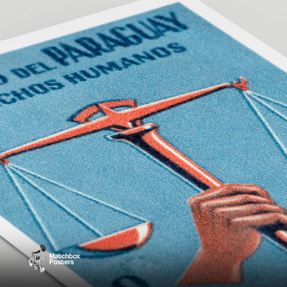 Hand Holding Scales Of Justice Paraguay - vintage matchbox label print - close-up detail