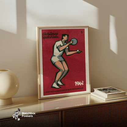 Table Tennis Player - vintage matchbox label print - size comparison