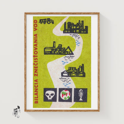Factory Water Pollution - vintage matchbox label print