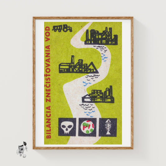 Factory Water Pollution - vintage matchbox label print