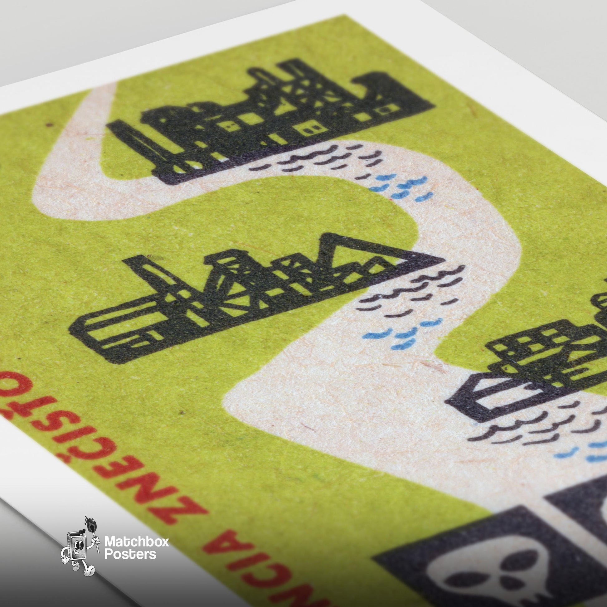 Factory Water Pollution - vintage matchbox label print - close-up detail