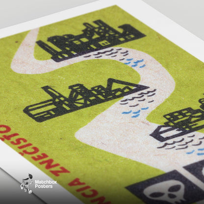 Factory Water Pollution - vintage matchbox label print - close-up detail