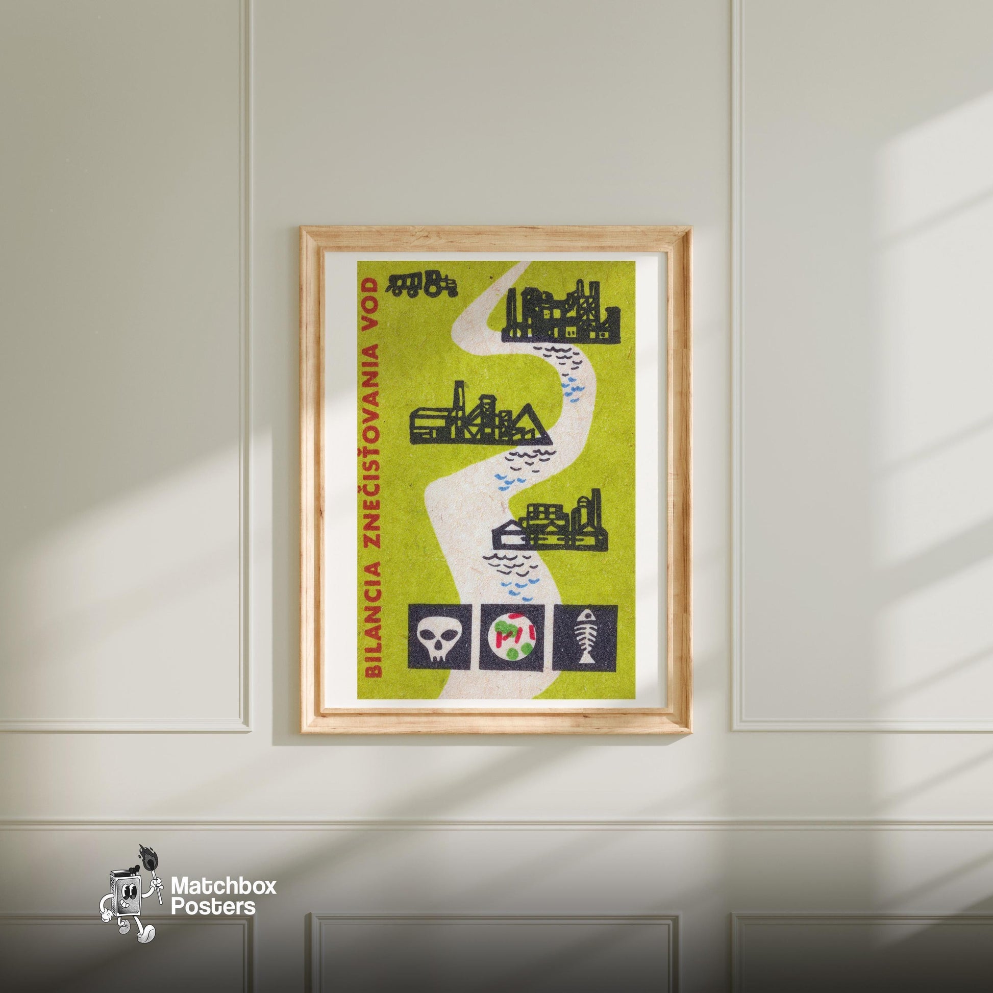 Factory Water Pollution - vintage matchbox label print - bedroom mockup