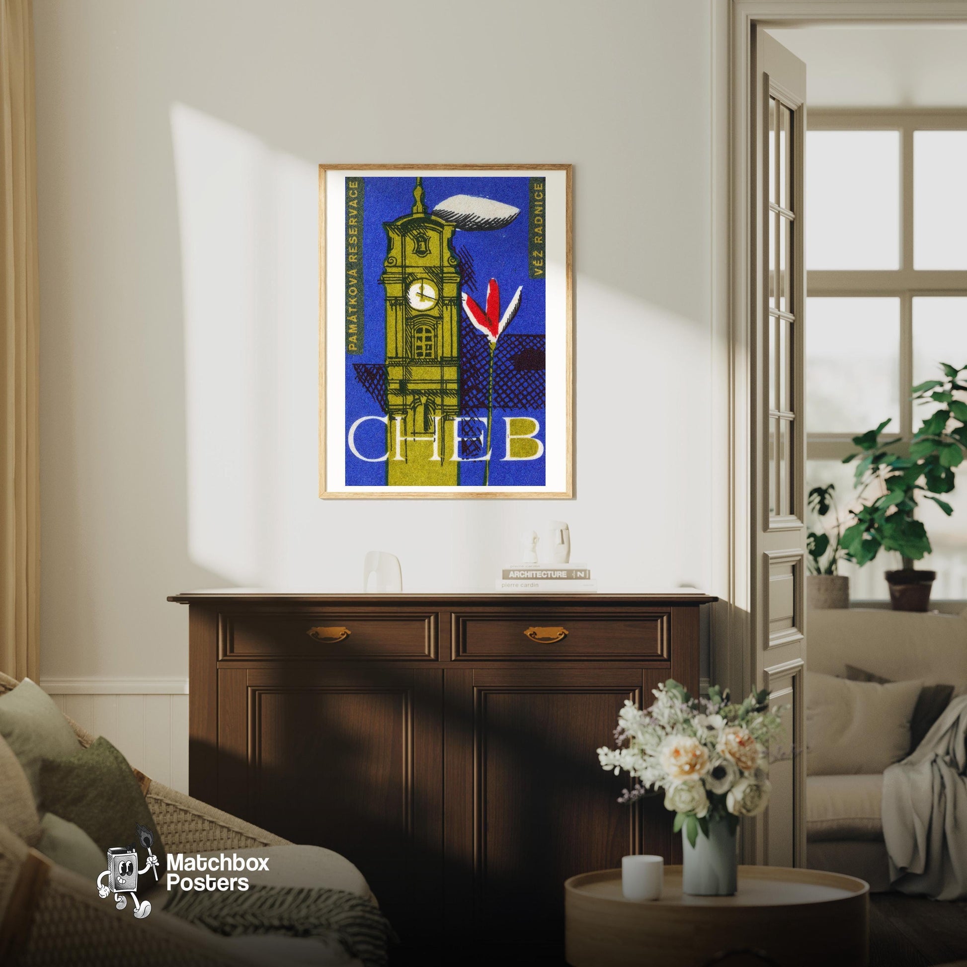 Clocktower - vintage matchbox label print - living room mockup