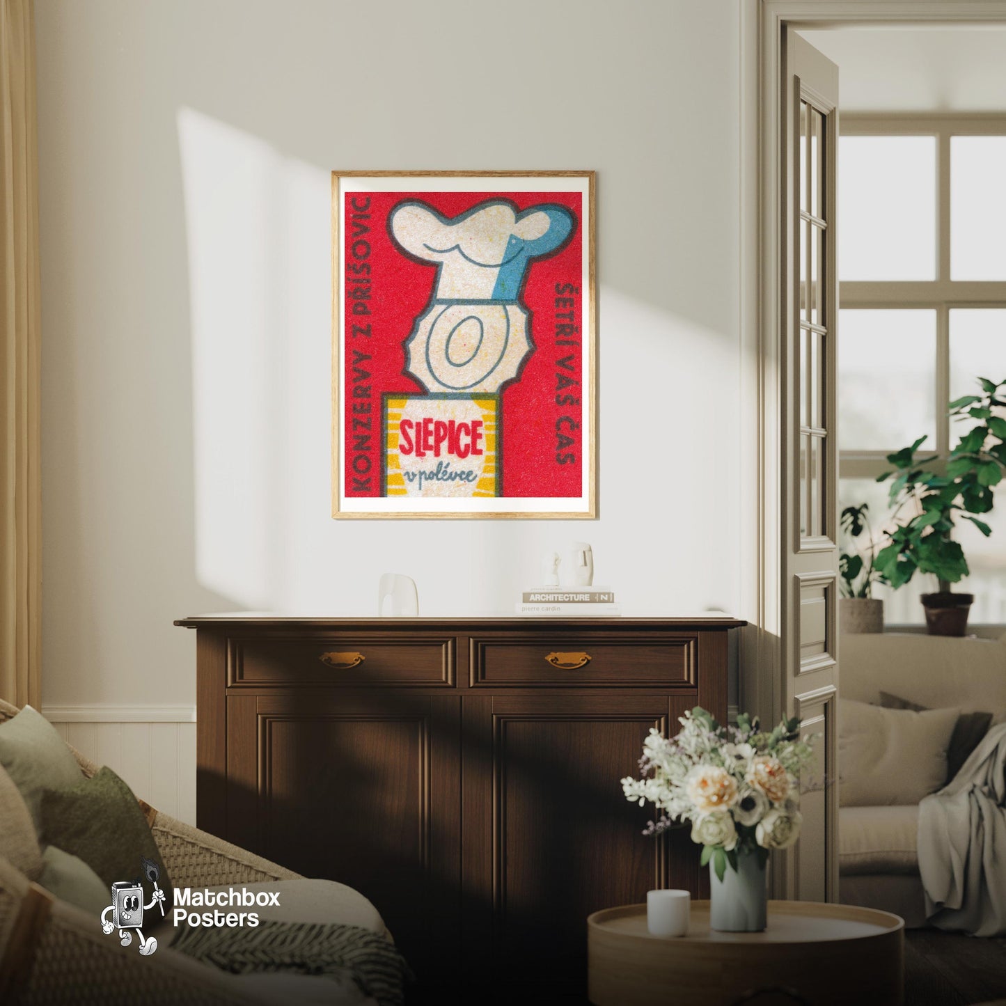 Chef's Hat and Soup Can - vintage matchbox label print - living room mockup