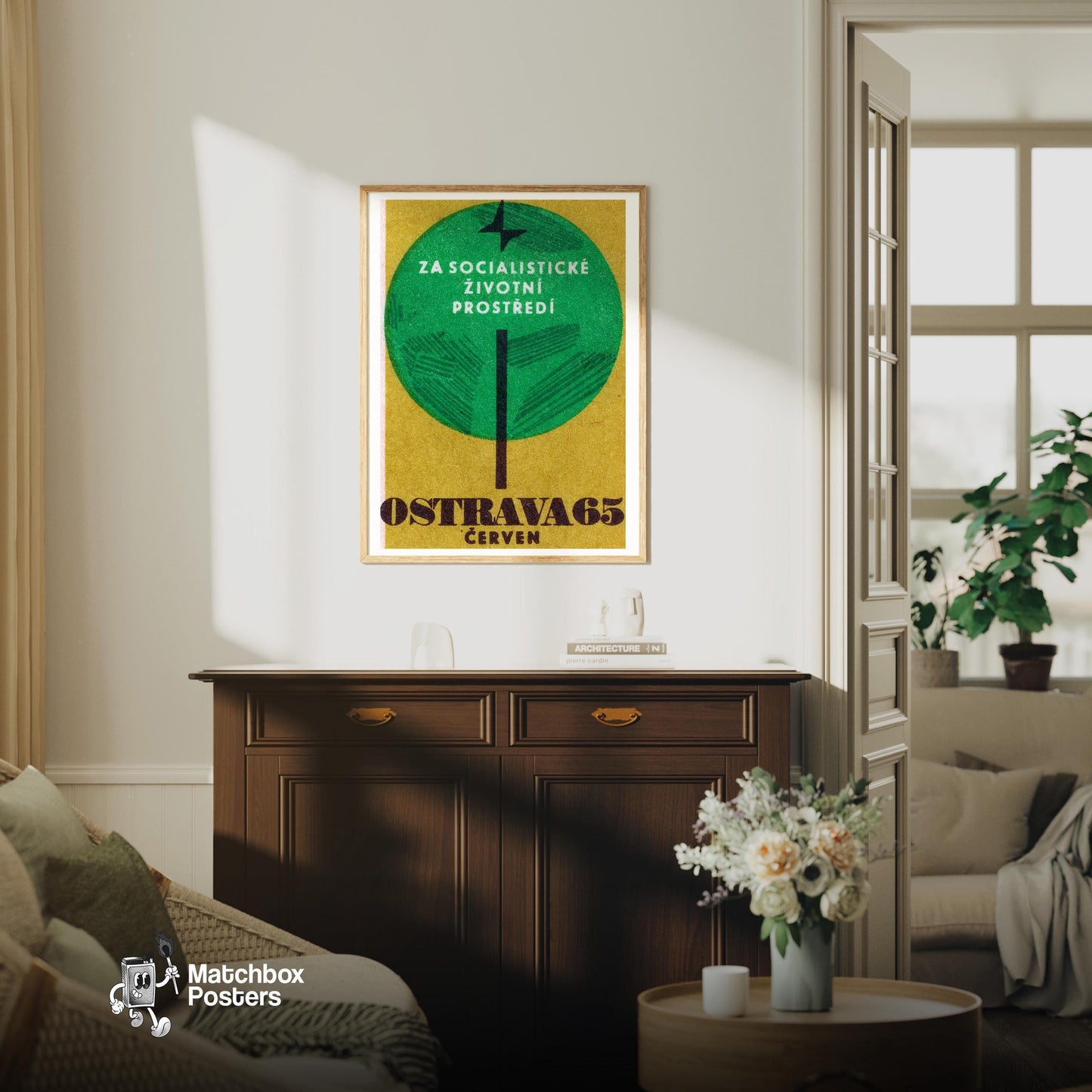Socialism Trees - vintage matchbox label print - living room mockup