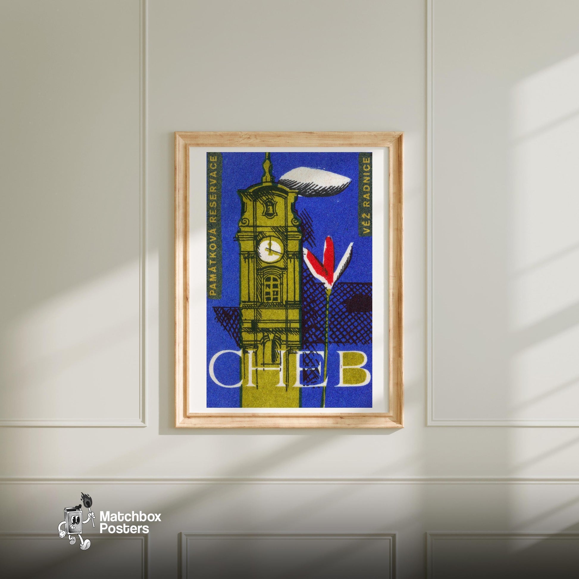 Clocktower - vintage matchbox label print - bedroom mockup
