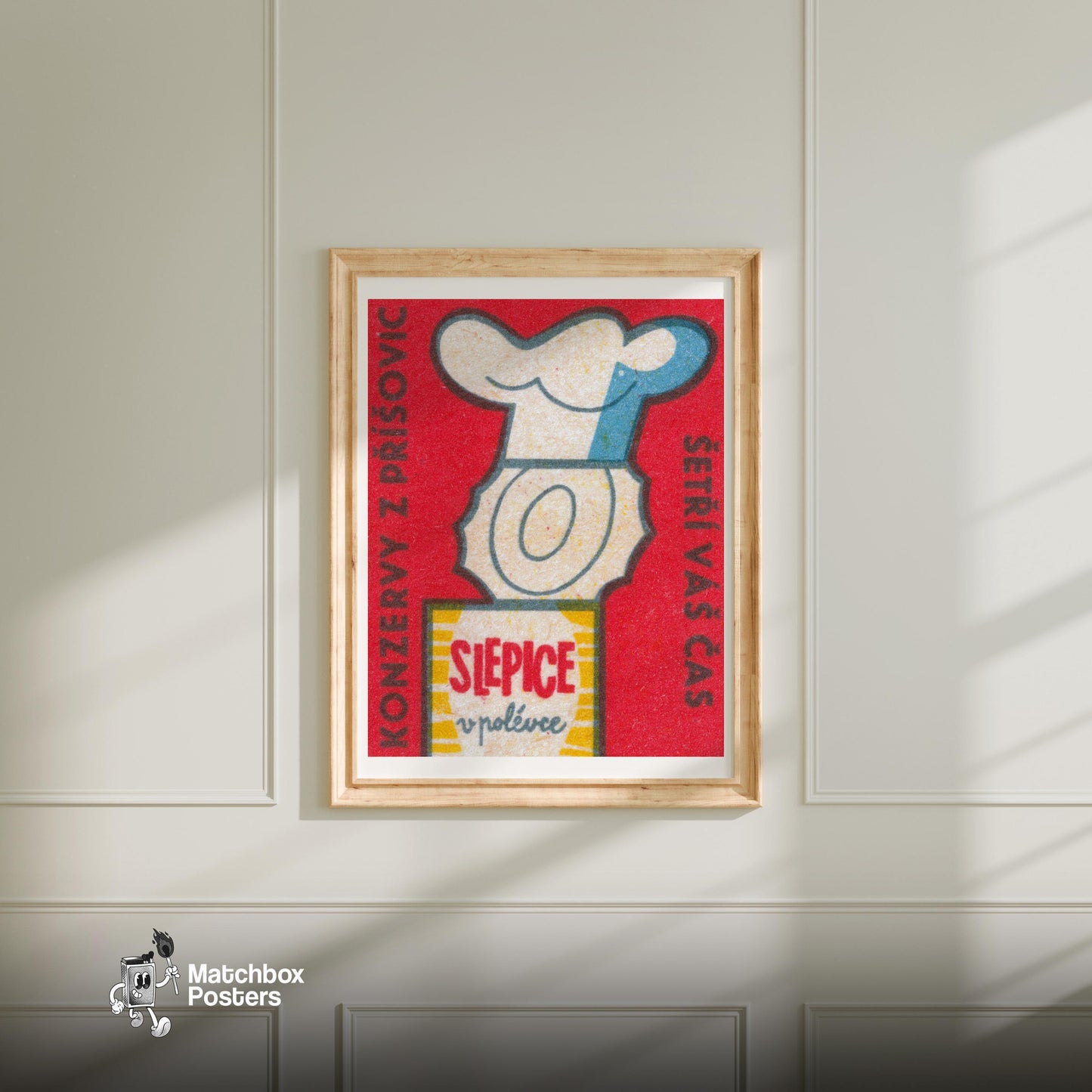 Chef's Hat and Soup Can - vintage matchbox label print - bedroom mockup