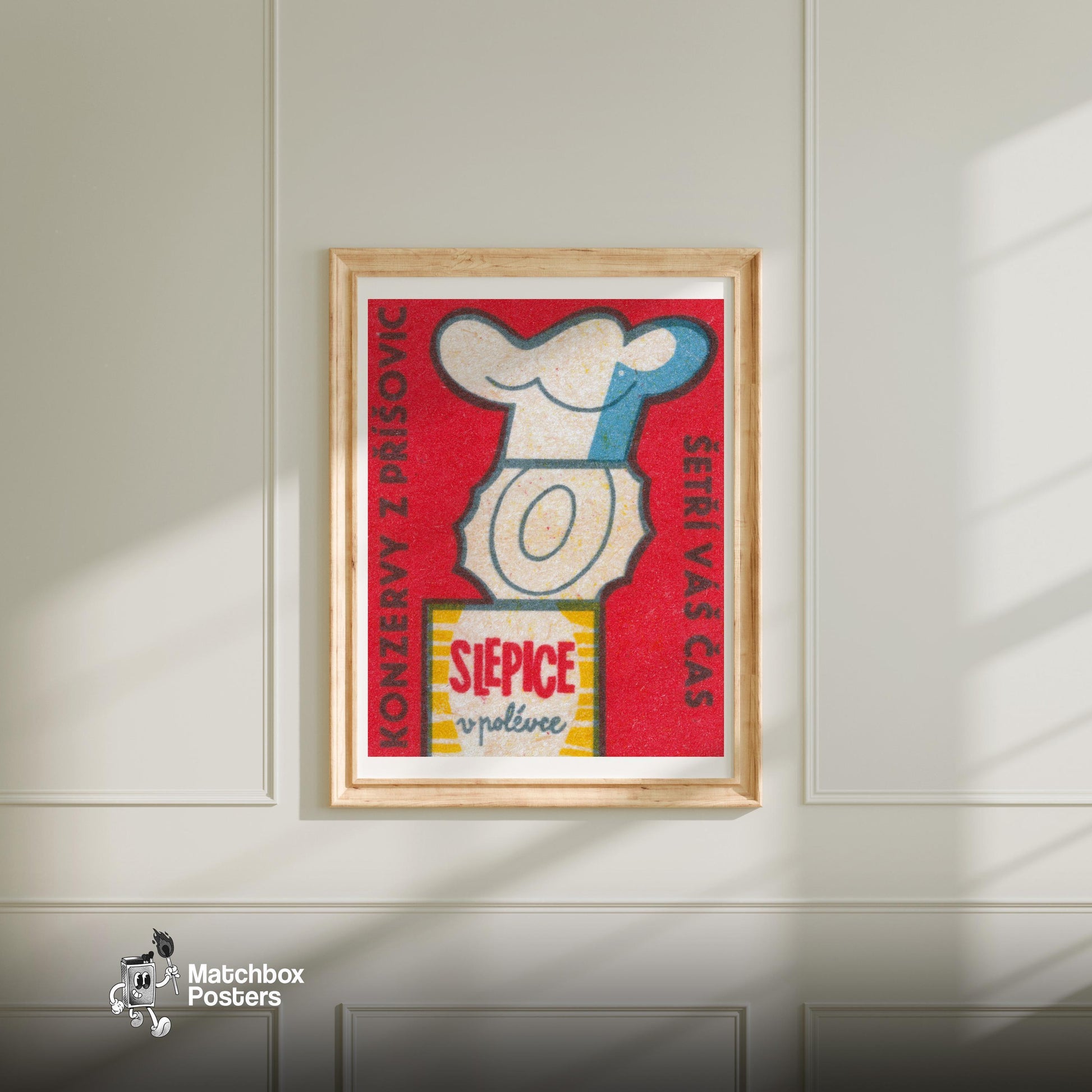 Chef's Hat and Soup Can - vintage matchbox label print - bedroom mockup