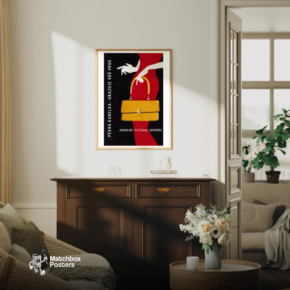 Woman with Yellow Handbag - vintage matchbox label print - living room mockup