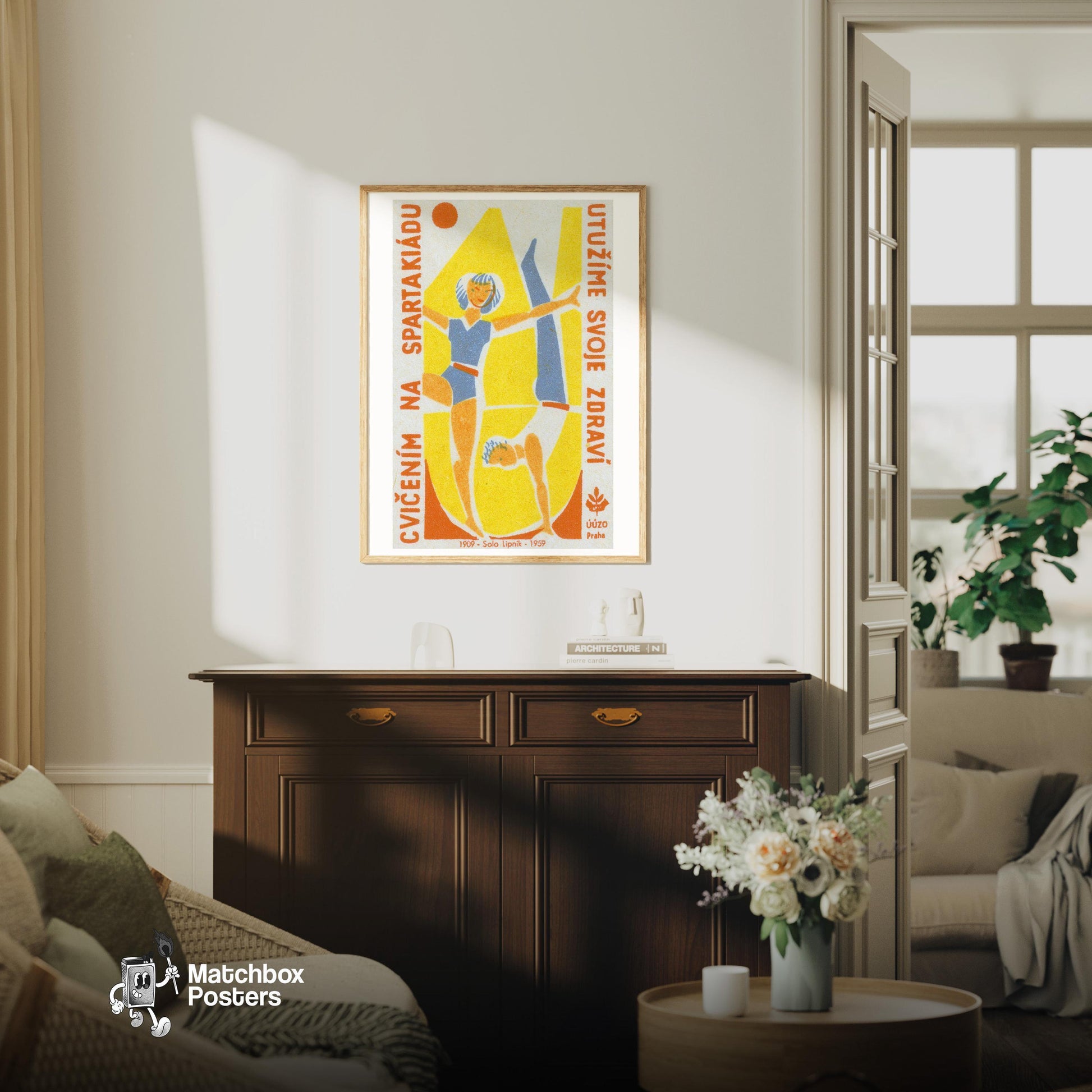 Two Gymnasts - vintage matchbox label print - living room mockup