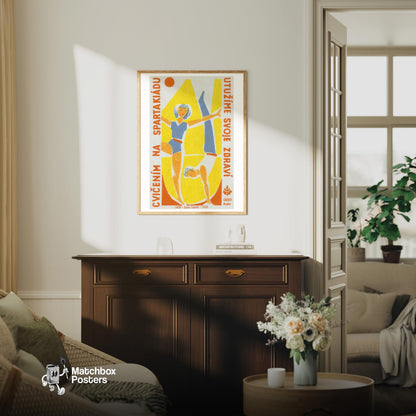 Two Gymnasts - vintage matchbox label print - living room mockup