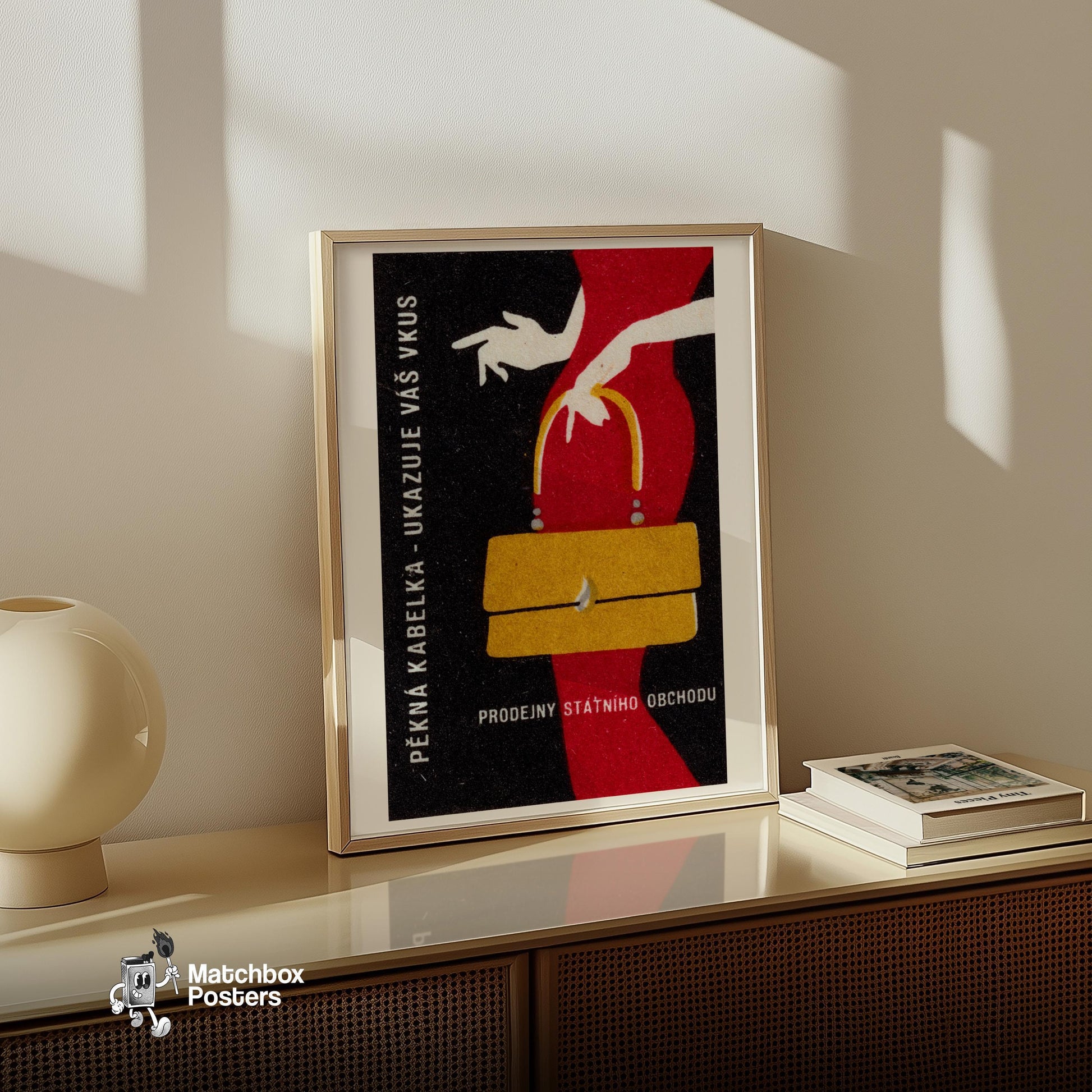 Woman with Yellow Handbag - vintage matchbox label print - size comparison