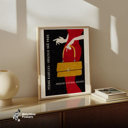 Woman with Yellow Handbag - vintage matchbox label print - size comparison