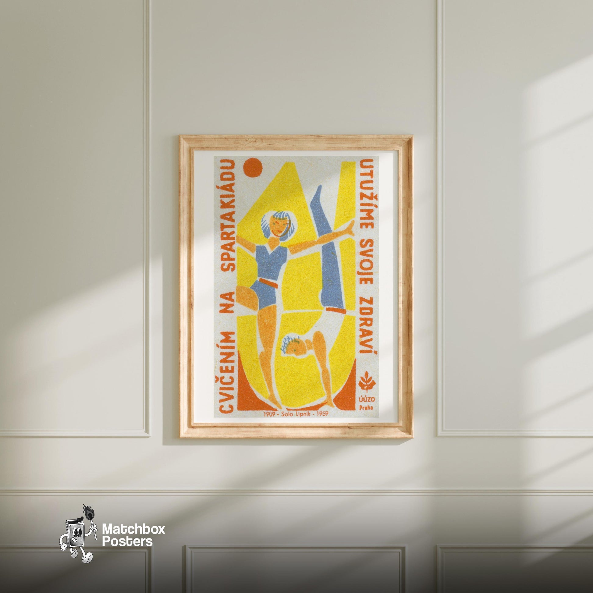 Two Gymnasts - vintage matchbox label print - bedroom mockup