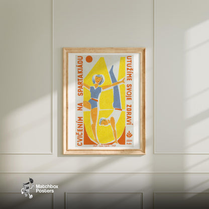 Two Gymnasts - vintage matchbox label print - bedroom mockup