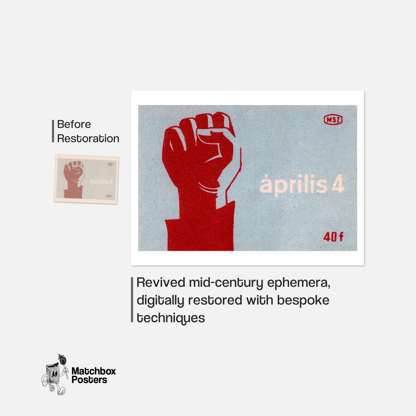 Red Clenched Fist - vintage matchbox label print - framed wall art preview