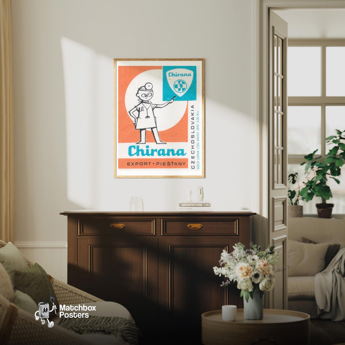 Cartoon Doctor - vintage matchbox label print - living room mockup