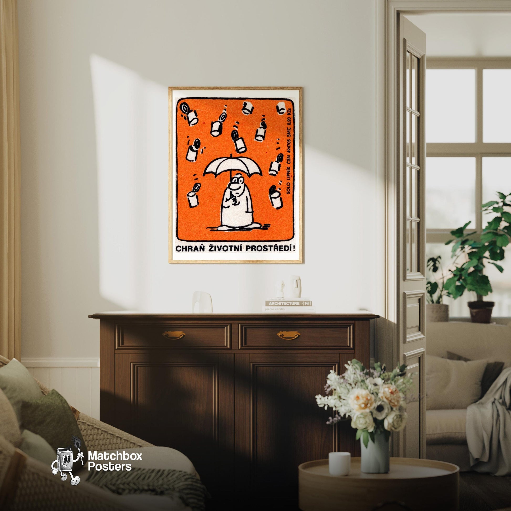 Raining Trash - vintage matchbox label print - living room mockup