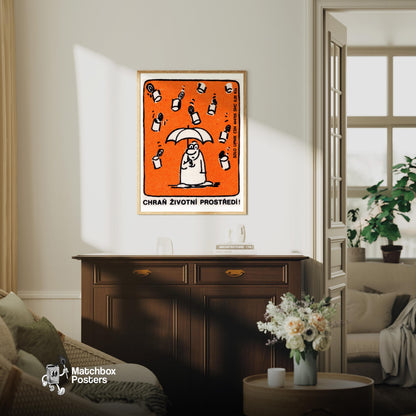 Raining Trash - vintage matchbox label print - living room mockup