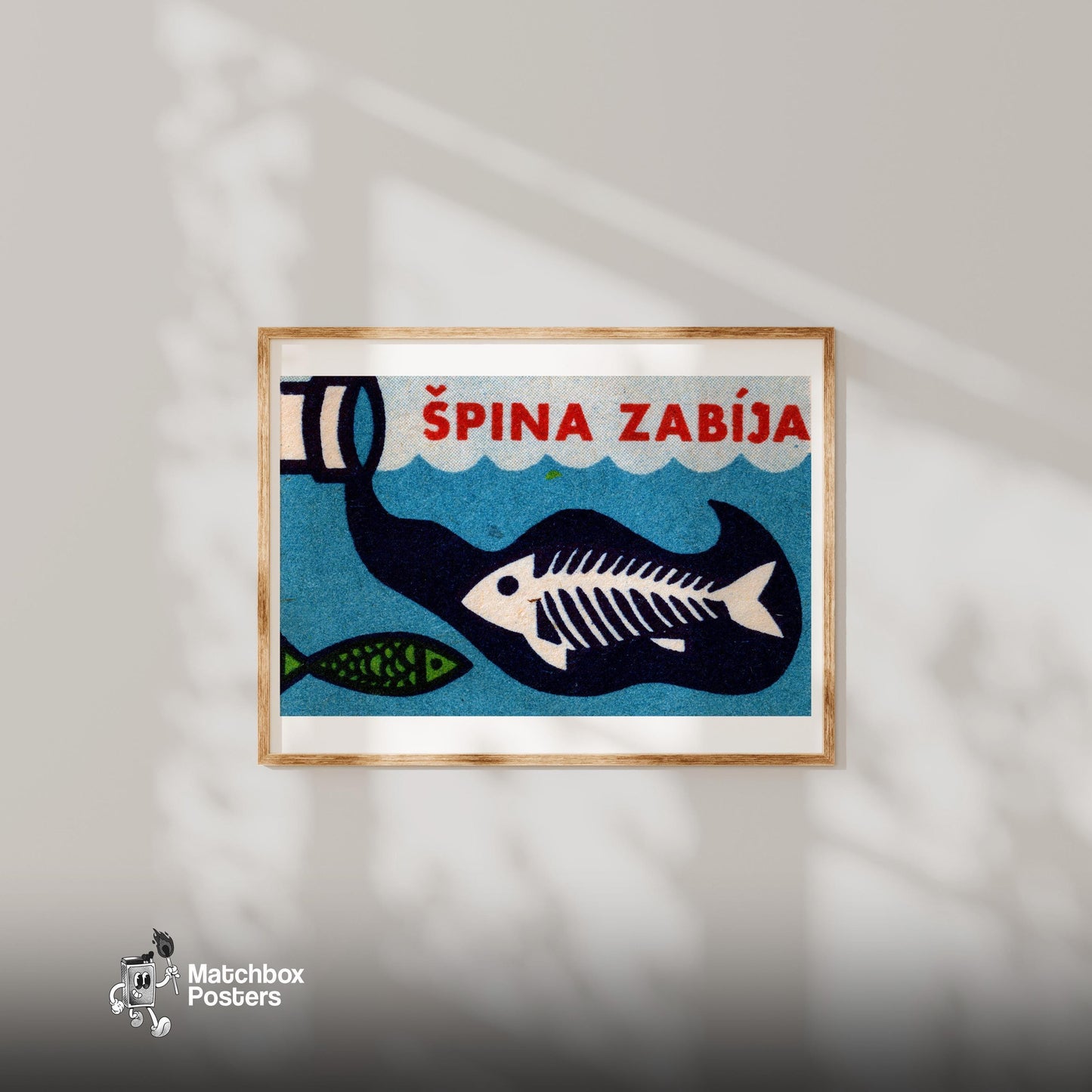 Pollution Kills Fish - vintage matchbox label print - bedroom mockup