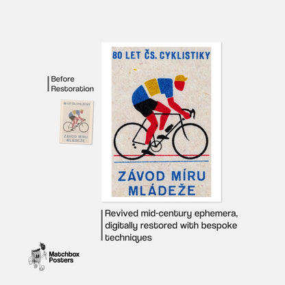 Cyclist - vintage matchbox label print - framed wall art preview