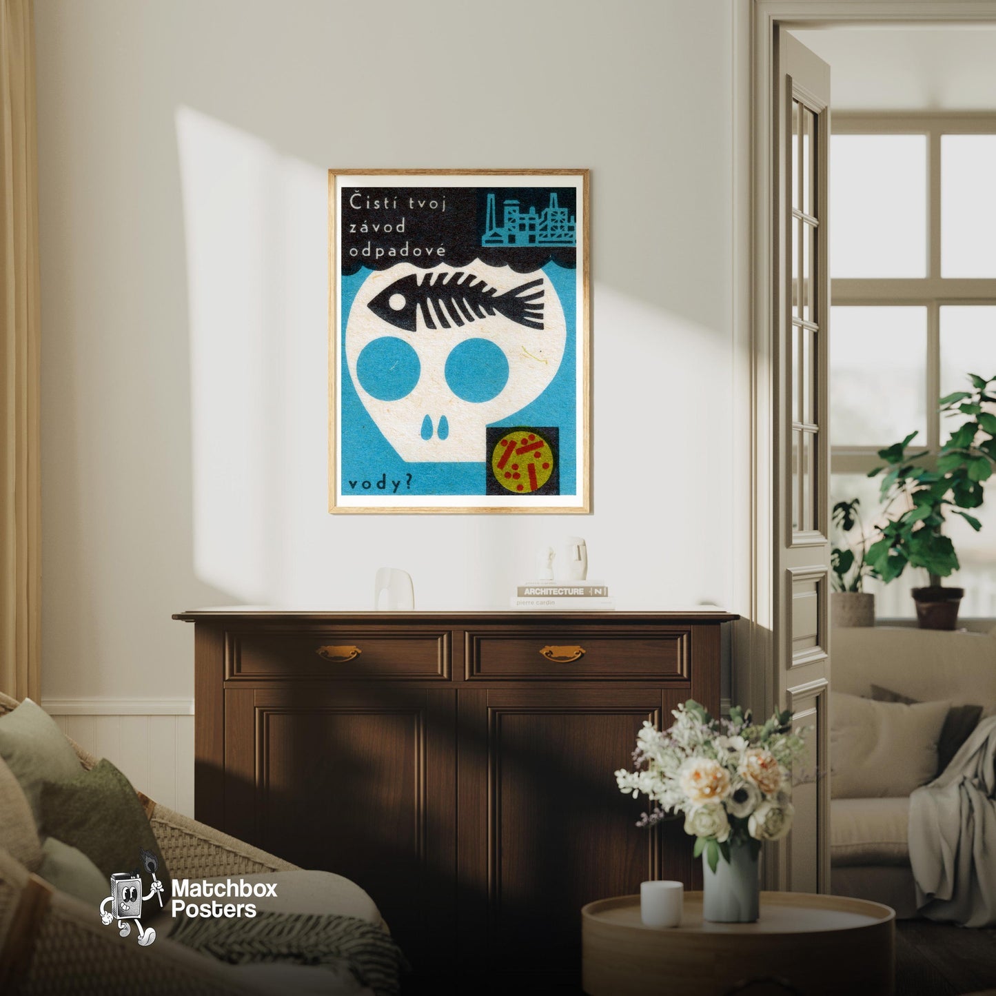 Industrial Skull - vintage matchbox label print - living room mockup