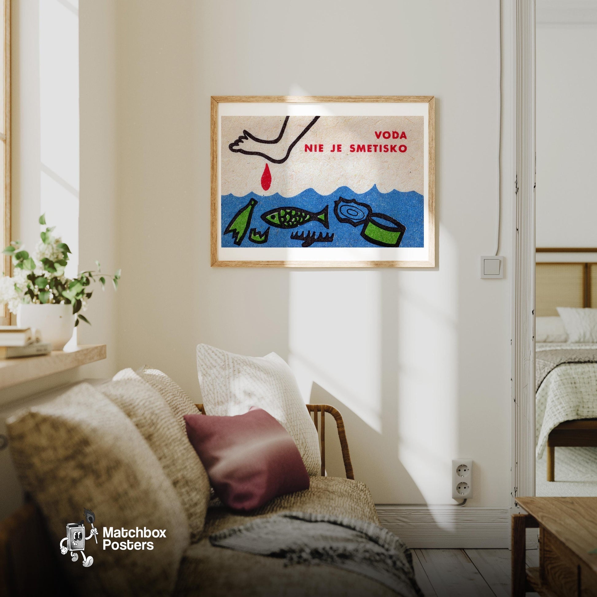 Beware of Dark Water - vintage matchbox label print - living room mockup