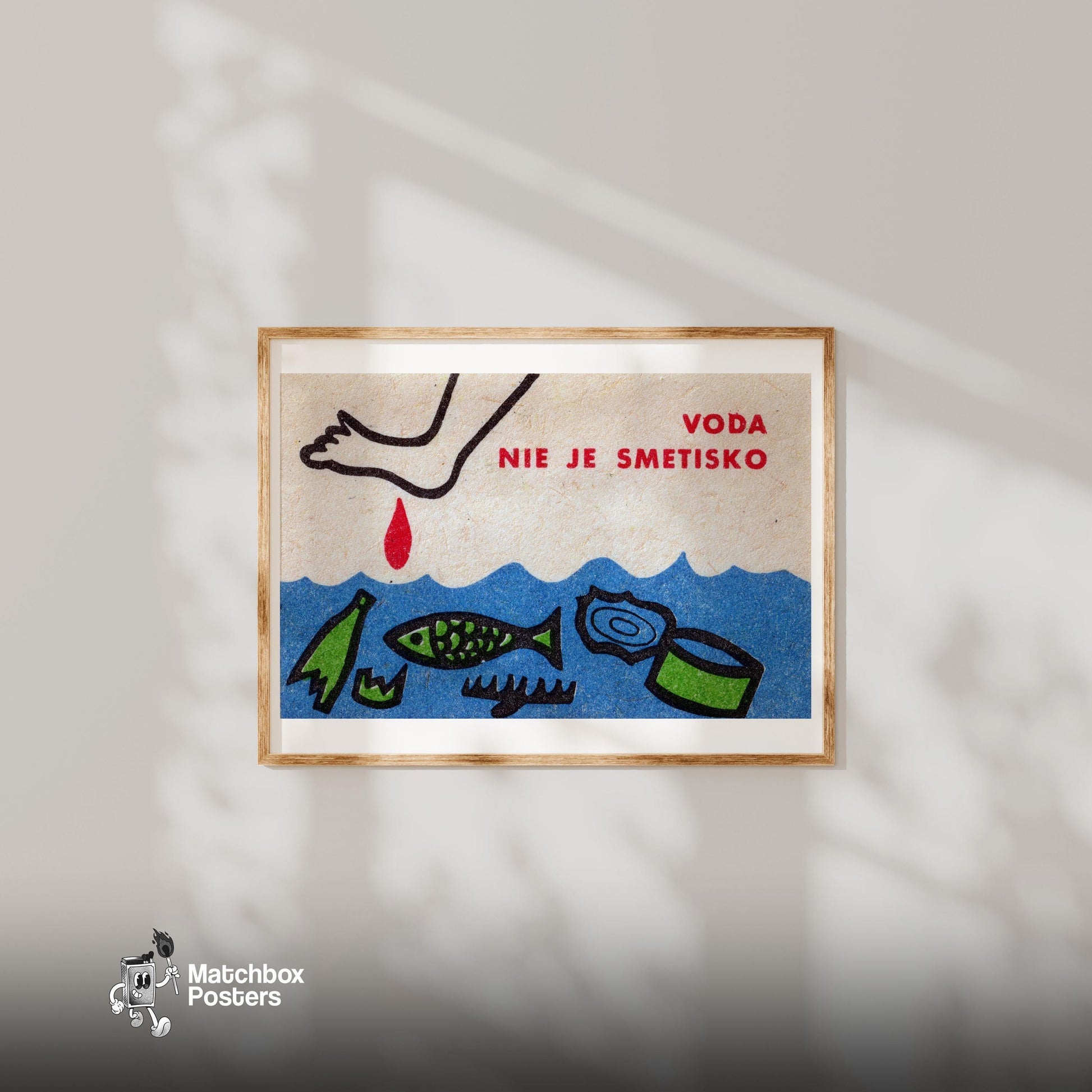 Beware of Dark Water - vintage matchbox label print - bedroom mockup