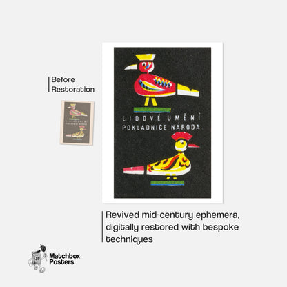 Folk Birds - vintage matchbox label print - framed wall art preview