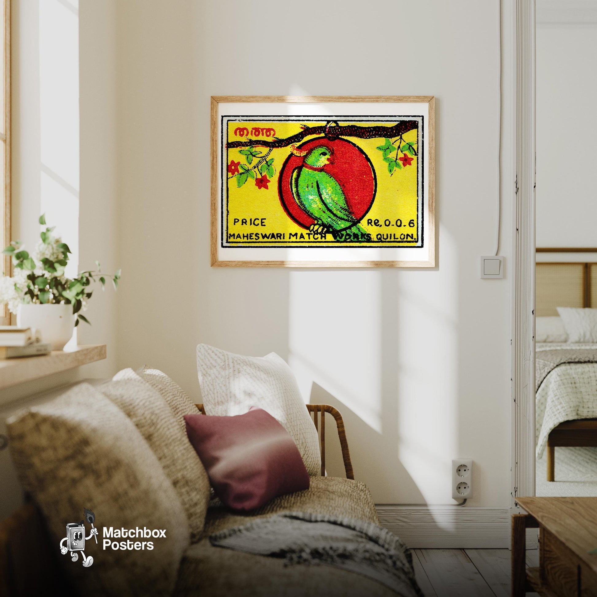 Jamaica Parrot - vintage matchbox label print - living room mockup