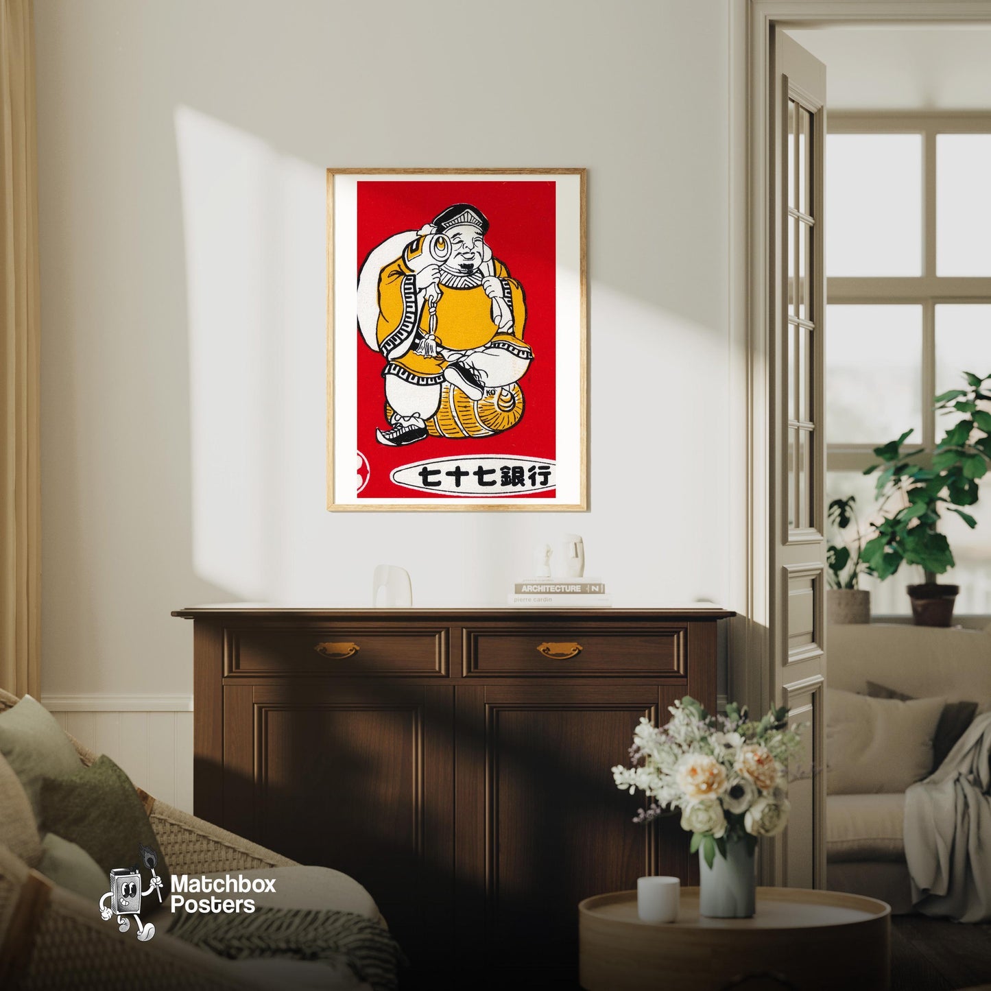 Fat Man Resting on Barrel - vintage matchbox label print - living room mockup