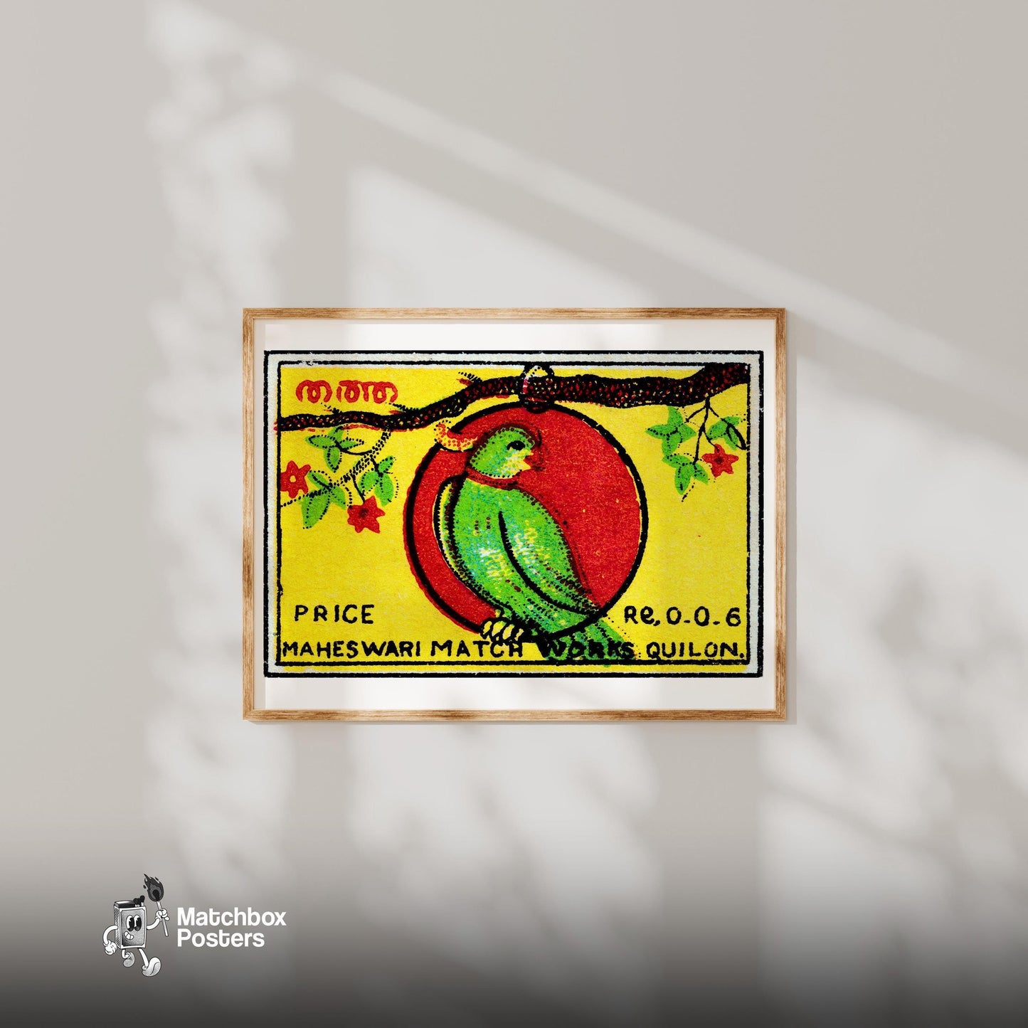 Jamaica Parrot - vintage matchbox label print - bedroom mockup