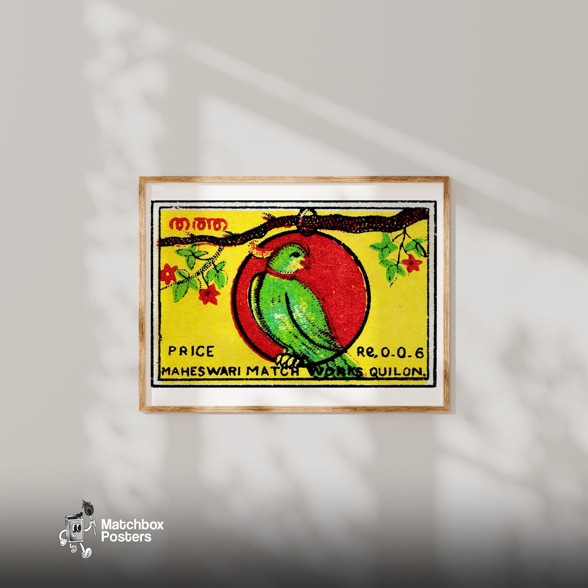Jamaica Parrot - vintage matchbox label print - bedroom mockup