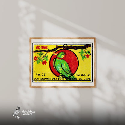 Jamaica Parrot - vintage matchbox label print - bedroom mockup