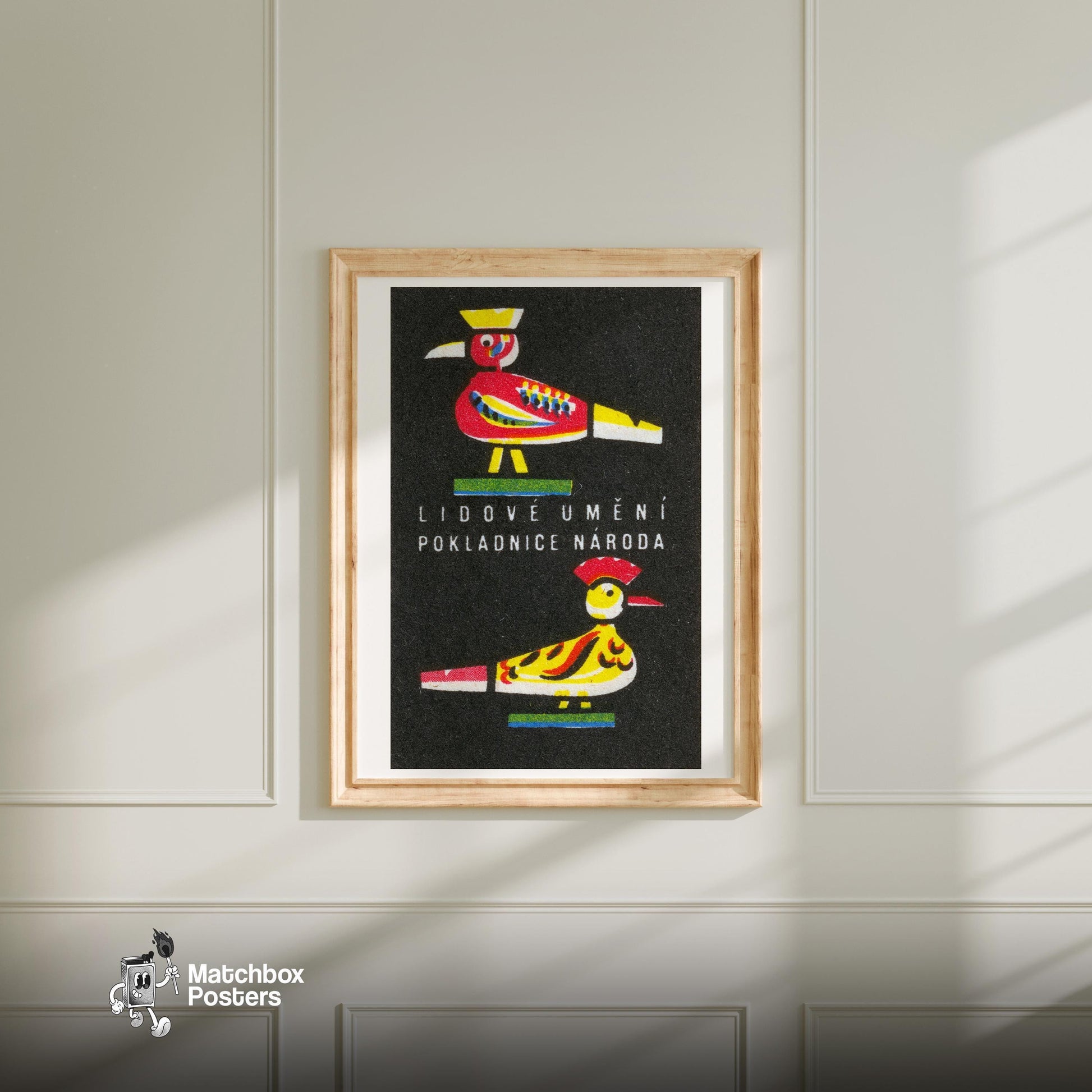 Folk Birds - vintage matchbox label print - bedroom mockup