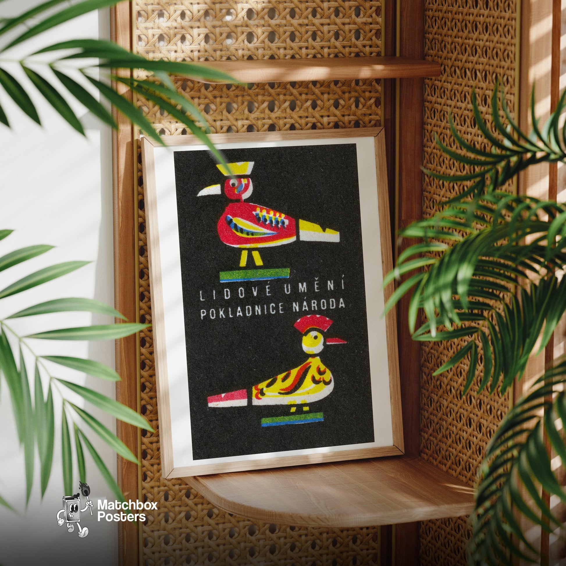Folk Birds - vintage matchbox label print - office wall